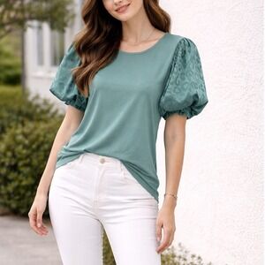 Sterling Kreek Puff Sleeve Top Womens S Teal Leopard Print Balloon Sleeve Good